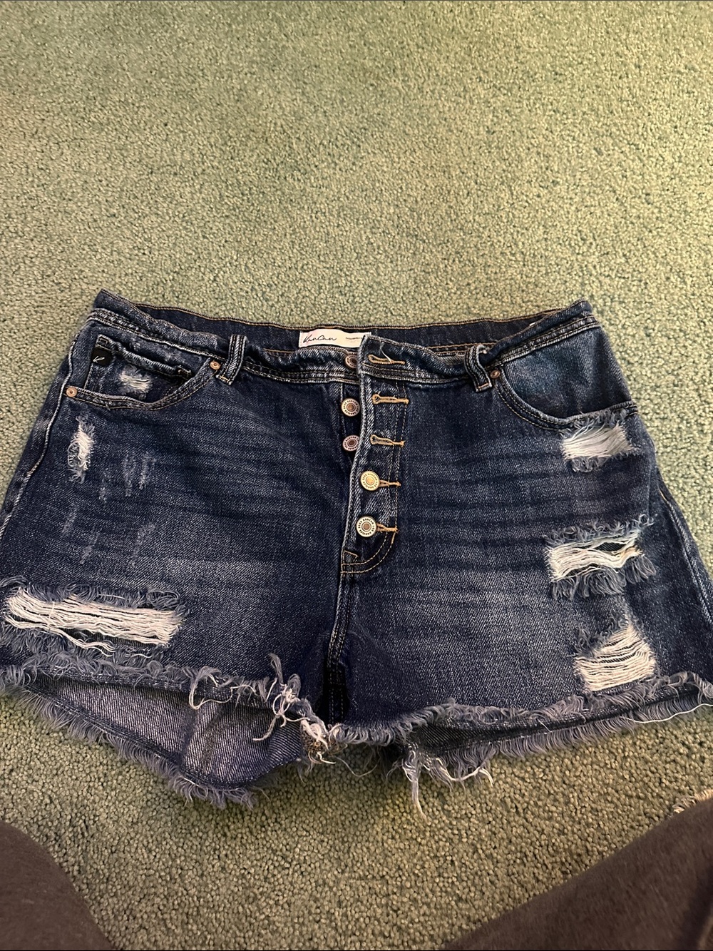 High-Rise Distressed Dark Blue Denim Shorts